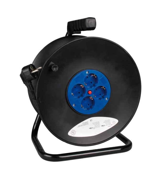 EXTENSION DE CABLE EN CARRETE DE 25 MTS CON 4 TOMAS SCHUKO (con tapa) 2P+T, 16A, 230V SOLERA