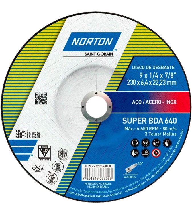 isco Abrasivo Desbaste Fierro 7" (180 mm) x 1/4" (6mm) x 7/8" BDA640 Norton